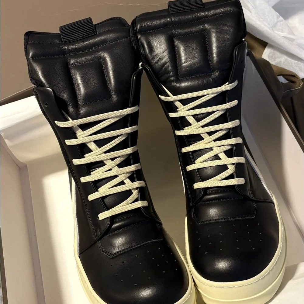 Rick Owens Black Leather High-Top Sneakers with Cream Soles